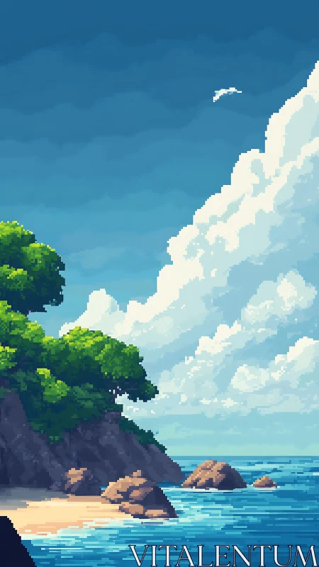 Pixel Art Coastal Landscape with Cliffs and Beach.