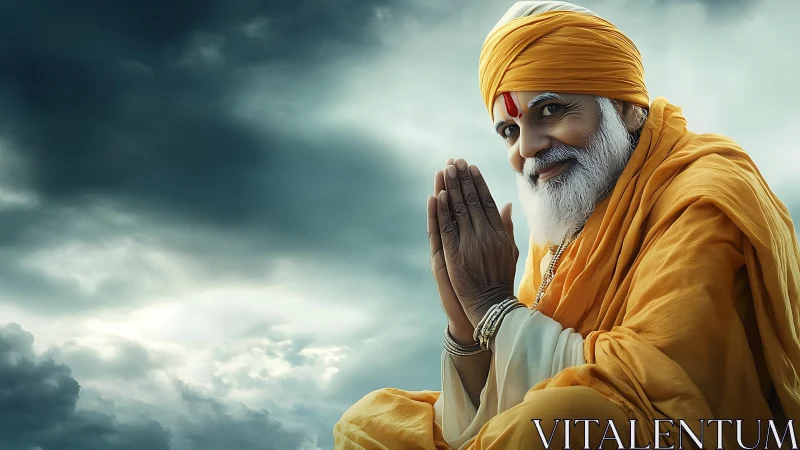 Sky-kissed sage in saffron robes greeting the gathering storm.