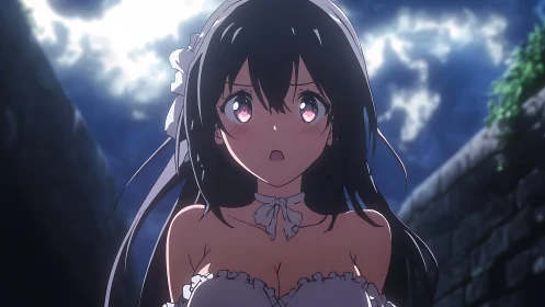 Moonlit courtyard surprise with a wide eyed anime heroine.