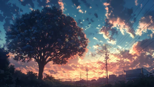 Twilight-drenched city tree quietly conducts the glowing sky