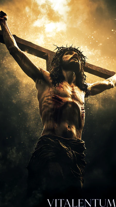 Dramatic low-angle crucifixion study under cinematic backlight