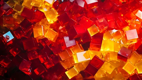 Close-up of stacked red and yellow translucent cubes detail