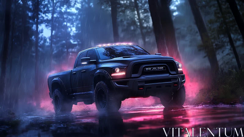 Bold off-road pickup glowing through neon forest rain.