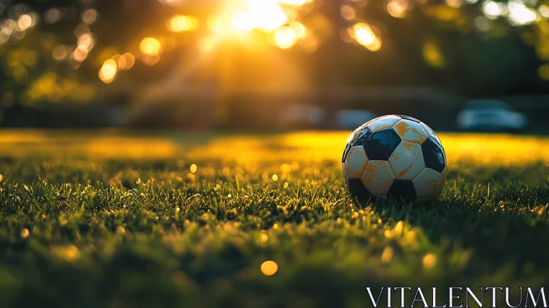 Weathered soccer ball on sunlit grass at golden hour.