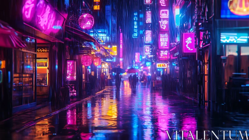 Neon rainwalk through a glowing midnight city street.