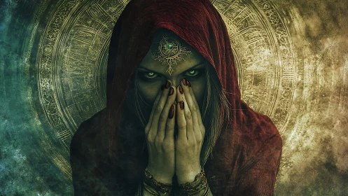 Mystic seer in crimson hood guarding hidden secrets.