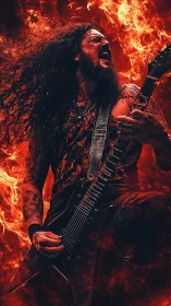 Metal guitarist roars amid blazing inferno of stage fire.