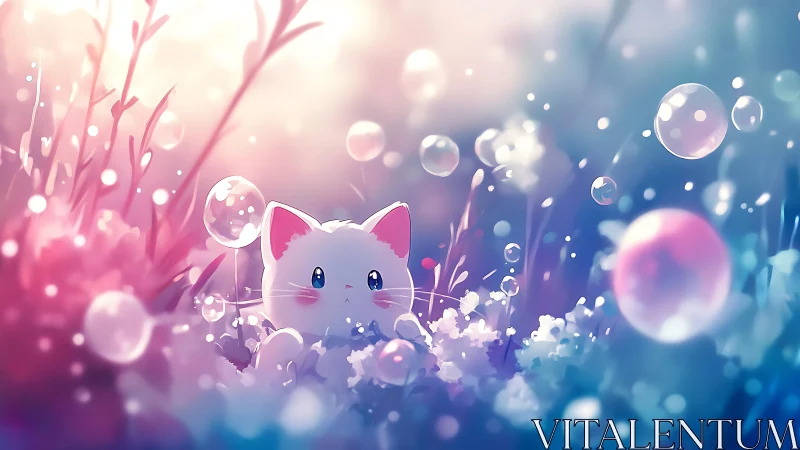 Anime pastel cat in luminous bokeh bubble meadow composition.