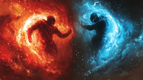 Elemental duel of armored fire and ice entities in deep void
