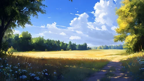 Open rural field with tree line under bright midday sky.