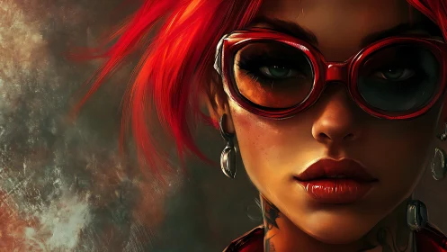 Intense red-haired rebel in glossy oversized goggles portrait.
