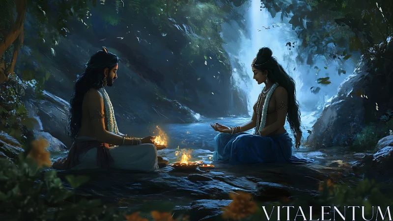 Mystical river ritual unfolds beneath luminous forest waterfall.