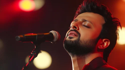 Velvet-voiced singer lost in luminous stage spotlight dream.