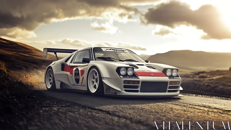 White racing car on rural road under cloudy sunset sky.