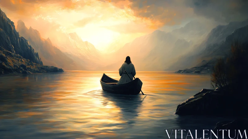 Solitary robed figure rowing toward radiant mountain sunrise.