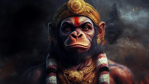 Divine simian warrior gazes through smoke and ember storms