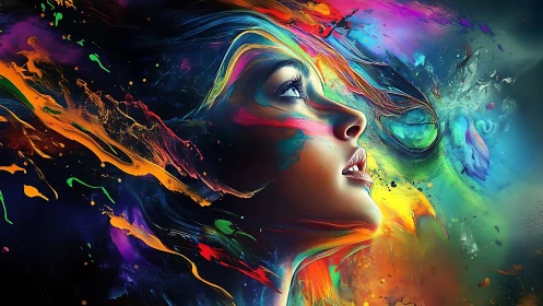 Chromatic daydreamer rising through a storm of electric paint.