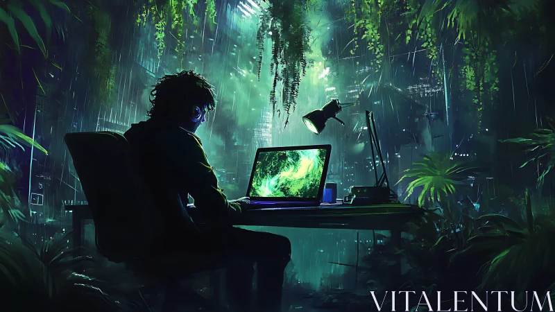 Cyberpunk coder works in neon jungle studio at night.