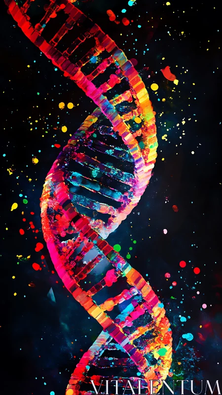 Chromatic double helix structure on dark scattered backdrop.