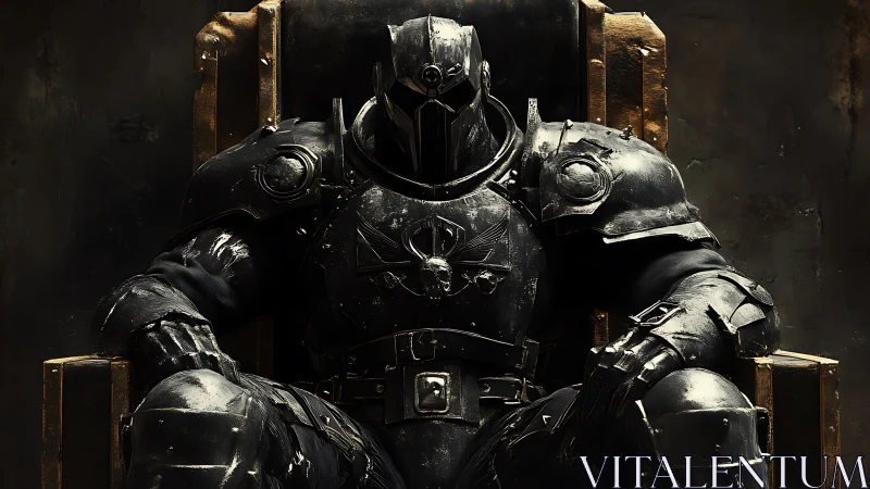 Armored warlord rests on a throne of worn metal and shadow.