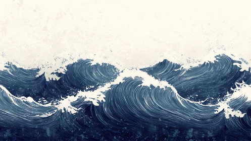 Deep blue stylized waves form layered, curling sea bands