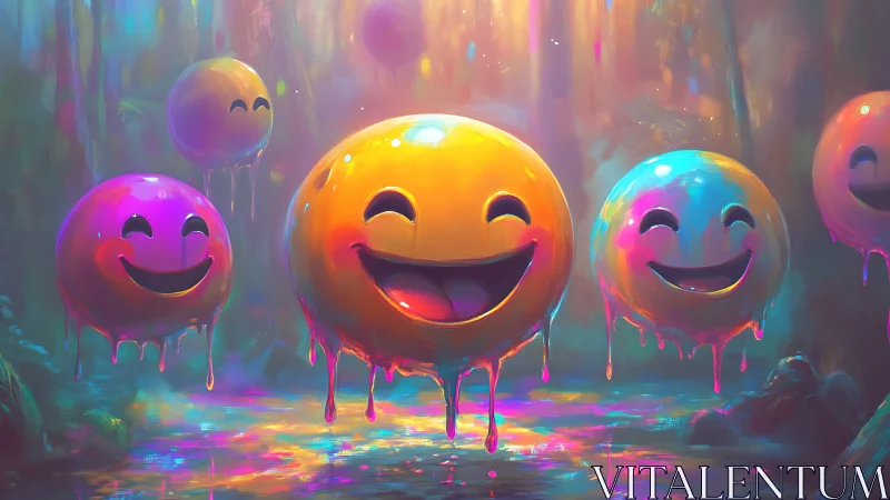 Dripping neon smiley orbs drift through a luminous dream forest.