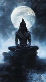 Silhouetted meditative deity before full moon in blue haze.