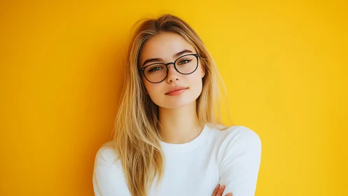 Confident young woman with glasses against bright yellow background.