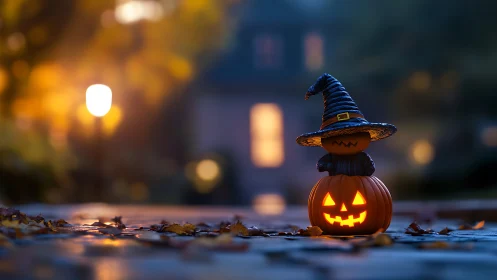 Halloween jack o lantern with witch hat on evening path.