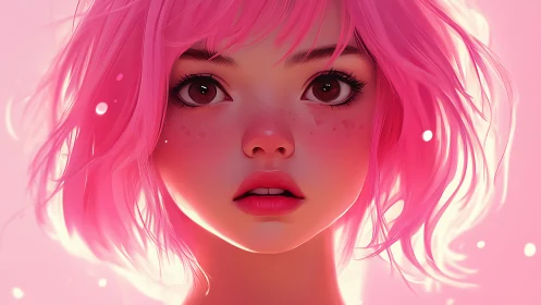 Pink haired girl gazes softly in glowing pastel light.