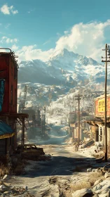 Snowbound post apocalyptic main street beneath alpine massif