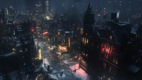 Snowy neon cityscape under moody cinematic night rain.