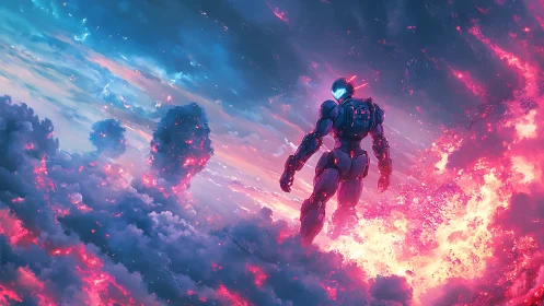 Cybernetic warrior surveys neon storm above burning clouds.