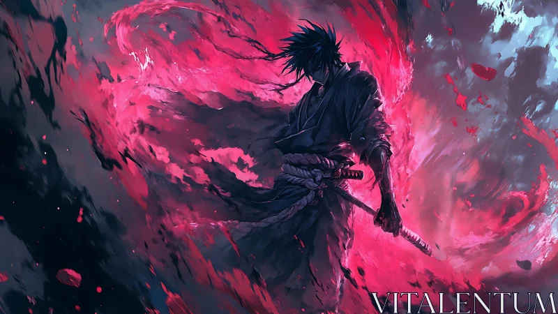 Crimson energy swirls around a lone anime swordsman in storm