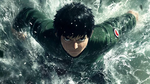 Dynamic anime fighter bursts through turbulent water in motion