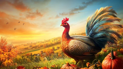 Rooster in Rural Autumn Landscape Setting