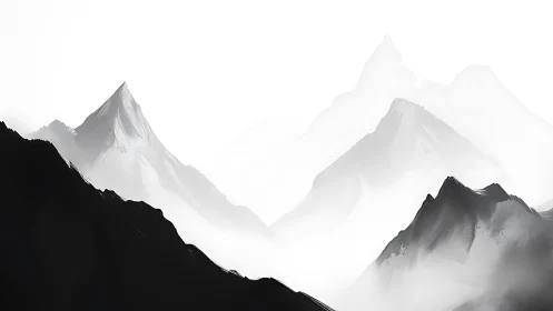 Monochrome misted mountain ridges with high-contrast silhouettes