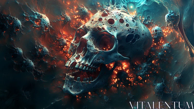 Fractal-eroded skull within luminescent plasma eruption.