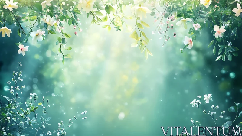 Serene Garden with Cascading Flowers and Bokeh Lights.