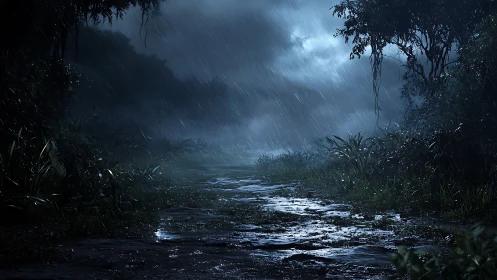 Storm descends on a rain-soaked rainforest stream.