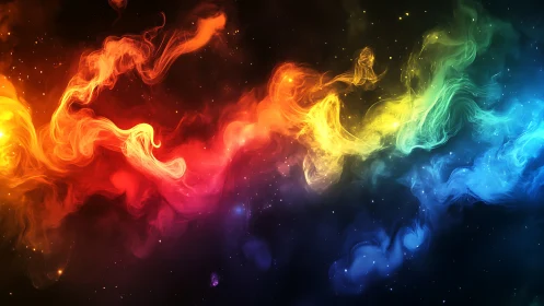 Multicolored nebula-like light trails flow across dark space