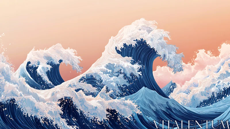 Cresting ocean waves curl under soft pastel sunrise sky