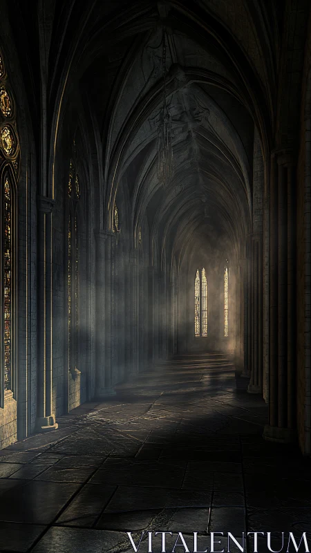Gothic cathedral corridor catches misty stained glass light