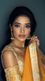 Portrait shows woman in yellow embroidered attire facing camera