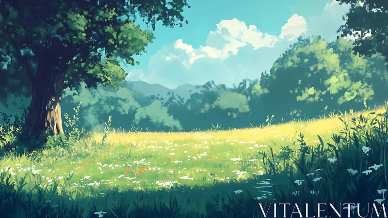 Sunlit wildflower meadow dreaming beneath summer clouds.