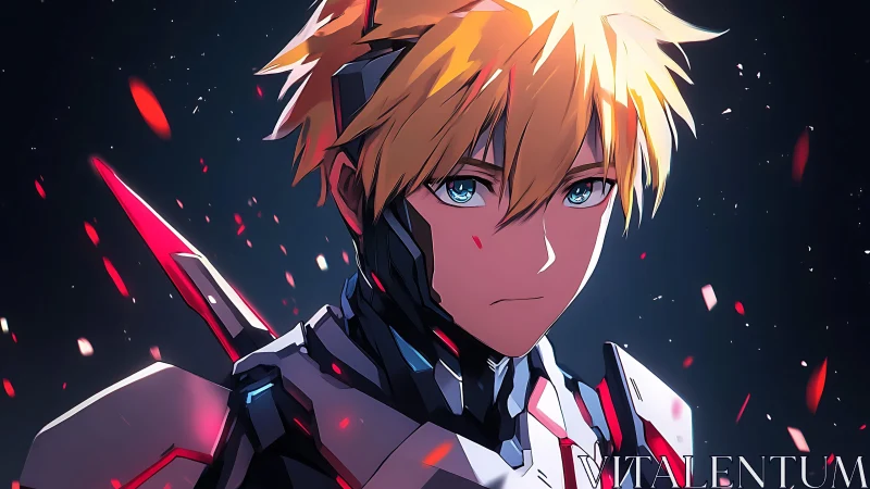 Cybernetic anime warrior with glowing armor shards.