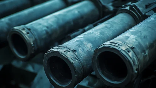 Close-up view of multiple heavy artillery barrels.