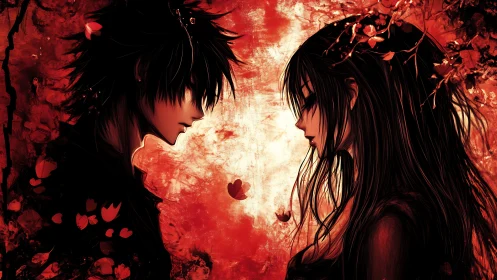 Two anime figures facing in red abstract background.