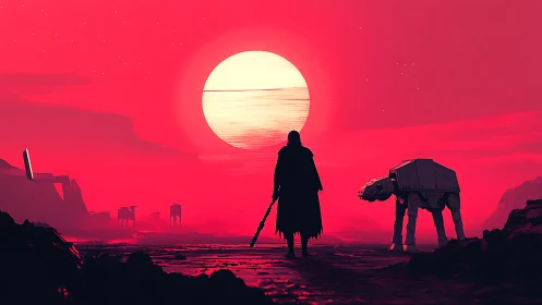 Lone cloaked wanderer on alien plain beneath crimson sun.