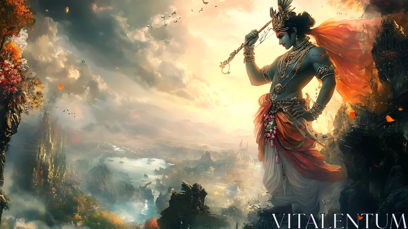 Mythic warrior figure overlooking expansive valley landscape.